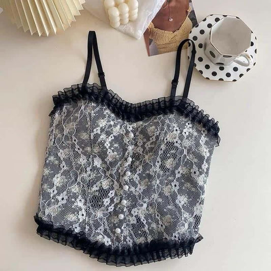 Elegant seamless padded fancy bra with lace detailing and ruffled edges in black and white