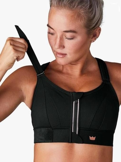 Black high impact sports bra women with adjustable straps and front zipper for optimal support