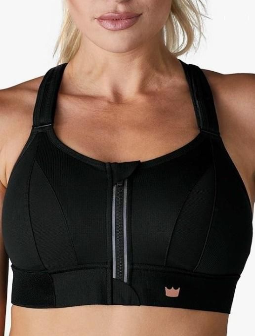 Black high impact sports bra women with front zipper and adjustable straps for support during workouts