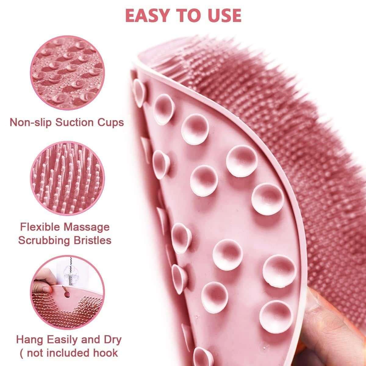 Silicone bath scrubber with non-slip suction cups and flexible massage bristles for easy bathing