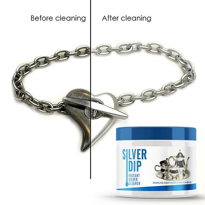 Instant silver cleaner before and after cleaning a silver chain bracelet with a heart clasp