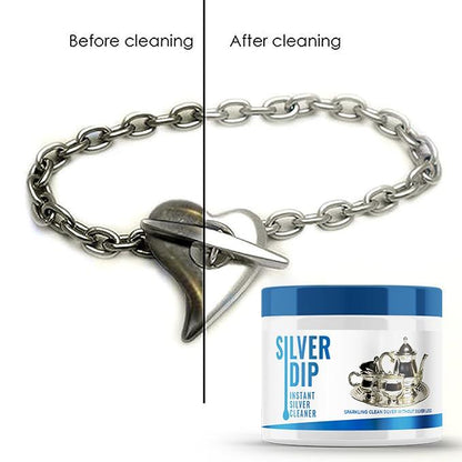 Instant silver cleaner before and after cleaning a silver chain bracelet with a heart clasp