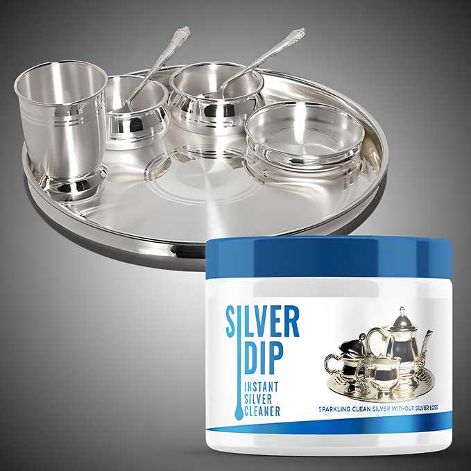 Silver Dip Instant Silver Cleaner with cleaning equipment on a silver tray for easy use