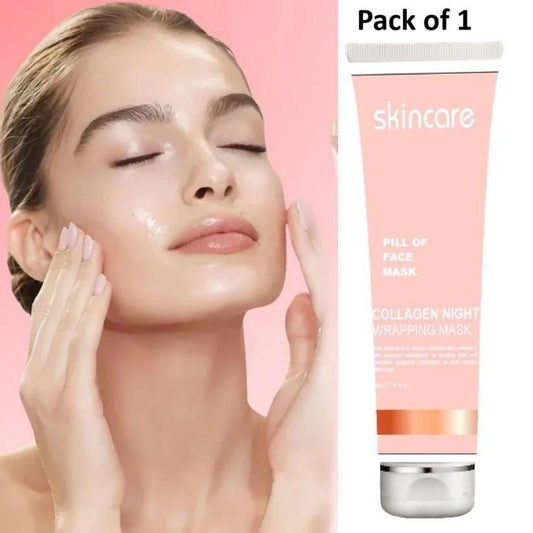Model applying collagen peel off mask with skincare tube featuring pink packaging and night wrap benefits