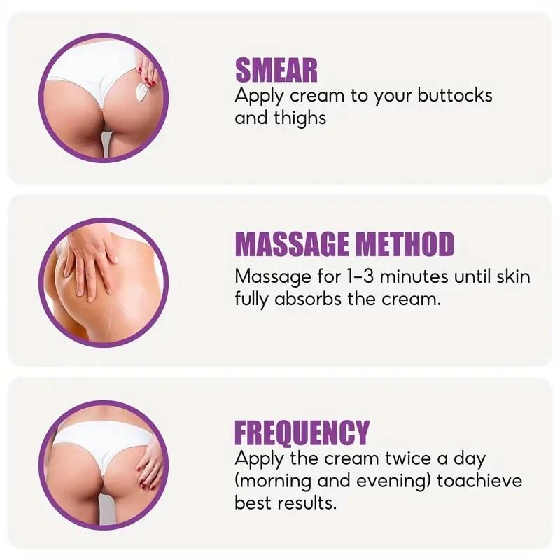Buttock firming massage cream application guide with instructions for use and frequency