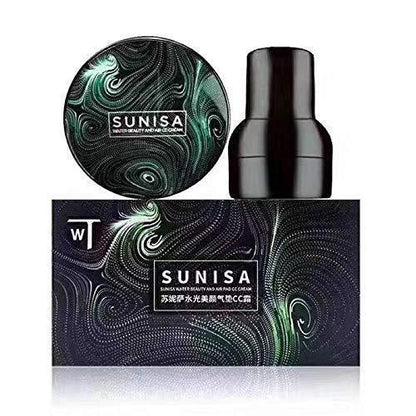 Sunisa waterproof CC cream set with a bottle and compact for flawless skin coverage