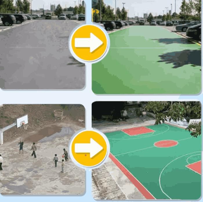 Before and after images showing waterproof epoxy floor paint applied to a basketball court and parking area