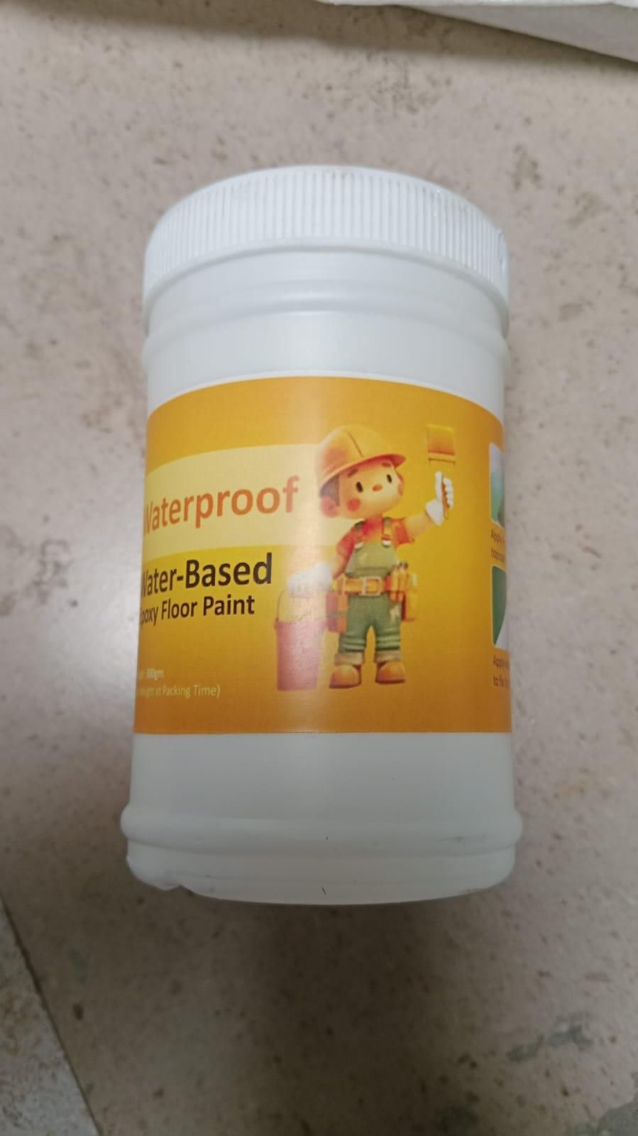 Fupei2-E5 waterproof epoxy floor paint in a white container with child-friendly design
