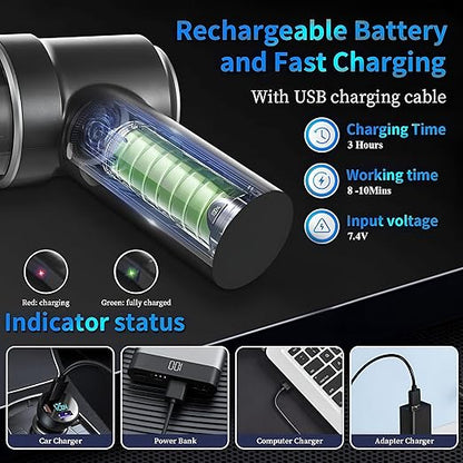 Wireless air duster vacuum with rechargeable battery and fast charging features for efficient cleaning