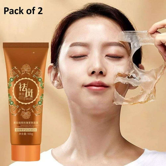 Fupei2-E5 wrinkle firming peel off mask in a tube with a woman applying the mask on her face